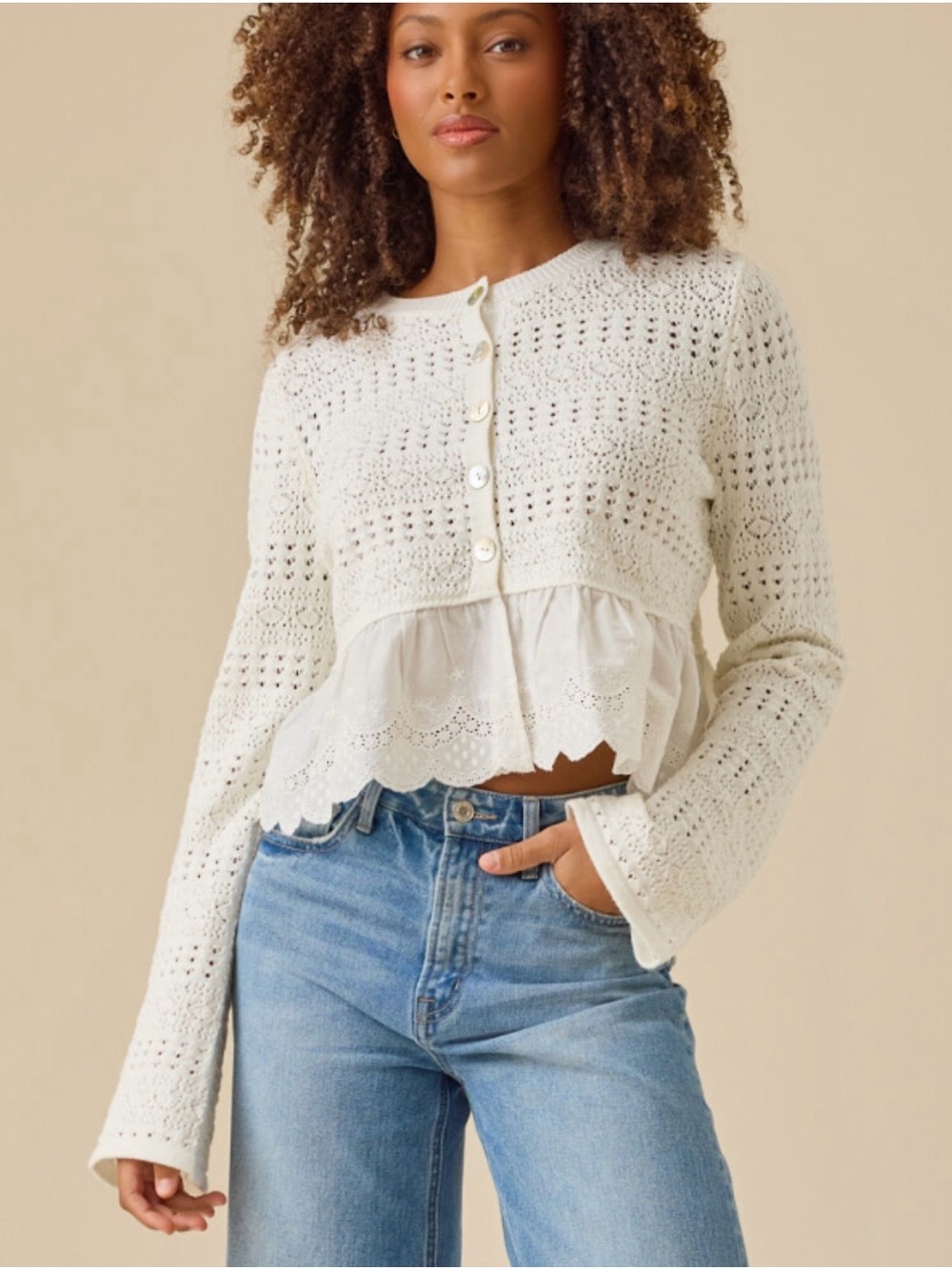 Altar'd State Cream Openwork Crochet Sweater